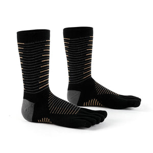 Black five-toe socks with gold horizontal lines and grey cushioned areas, on a white background.