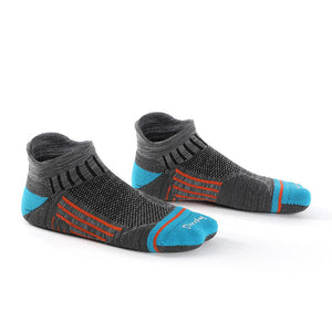 Pair of gray ankle socks with blue accents and orange stripes on a white background.