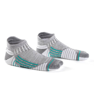 Pair of gray ankle socks with teal stripes and reinforced toe area on a white background.