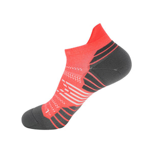 Red ankle sock with grey cushioned areas and black striped details.