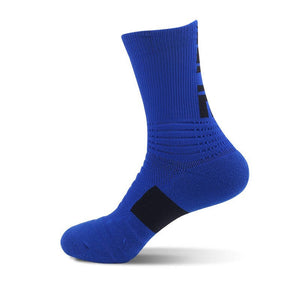 Royal blue sports sock with a black patch on the heel and ribbed ankle support, on a white background.