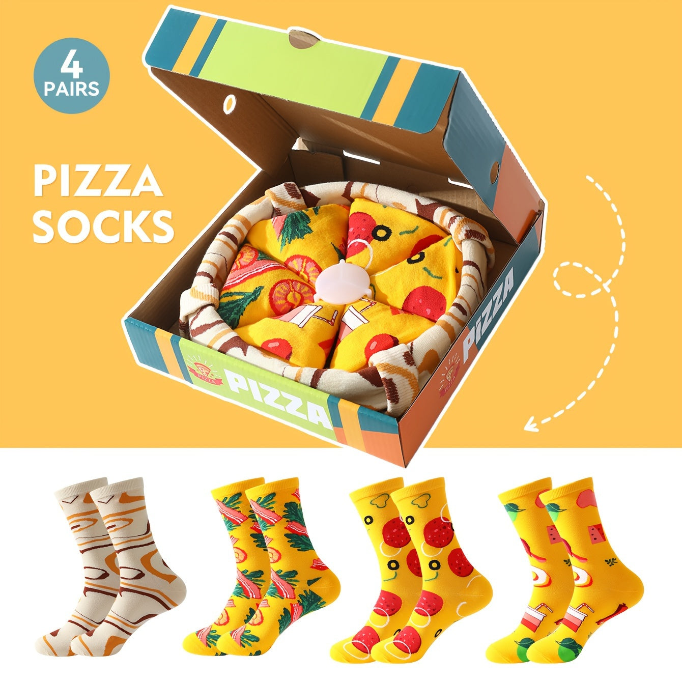 4 Pairs Pizza-Themed Mid-Calf Socks