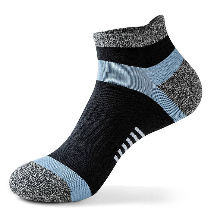 Black ankle sock with blue stripes and grey cushioned areas on the heel and toe.