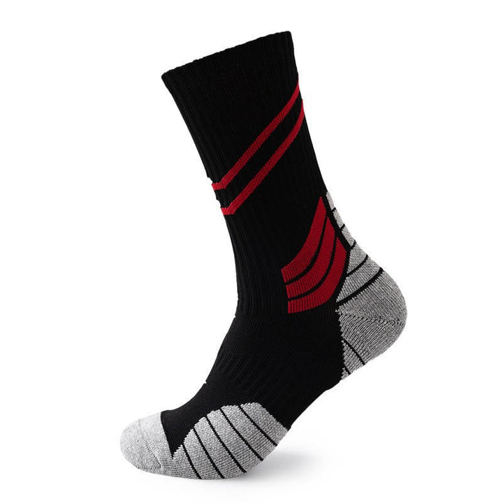 Black crew sock with red diagonal stripes and grey cushioned footbed, against a white background.