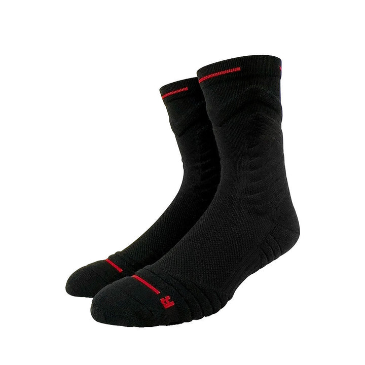 Black crew socks with red stripes and a cross symbol on the ankle, displayed on a white background.