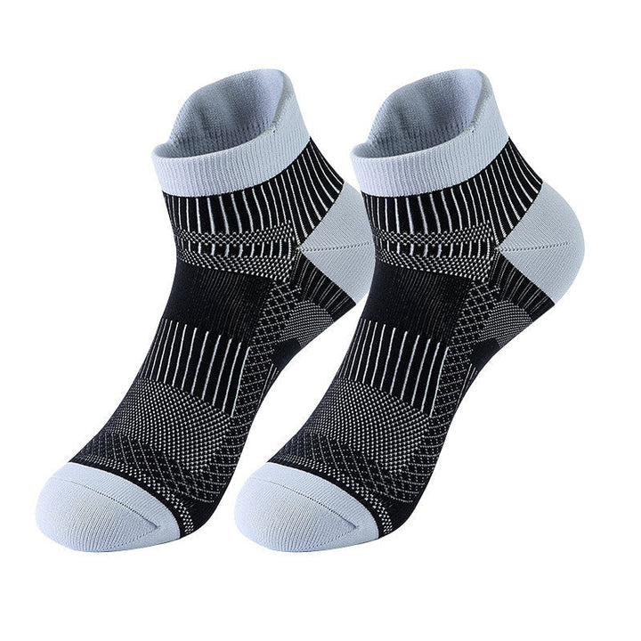 Black and gray ankle socks with striped pattern.