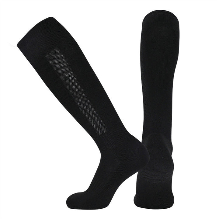 A pair of black knee-high compression socks displayed against a white background.