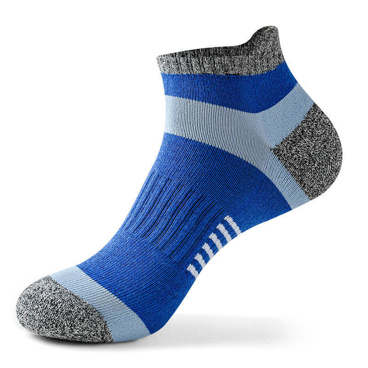 Blue ankle sock with blue horizontal stripes and grey reinforced heel and toe regions.