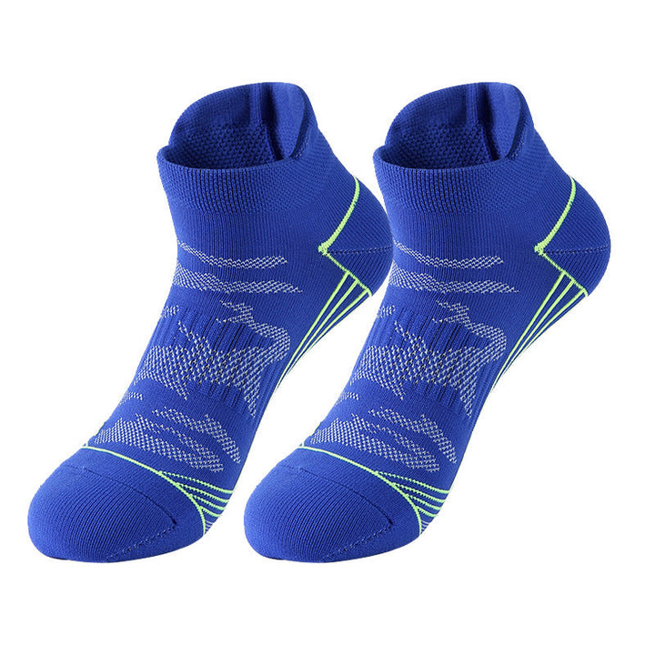 Blue ankle socks with lime green and light blue pattern.