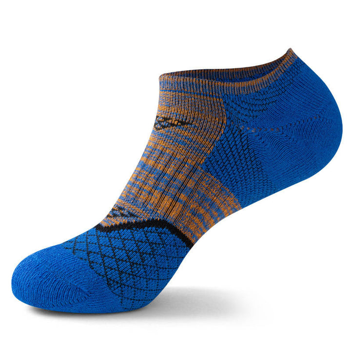 Bright blue ankle sock with orange and black crisscross pattern.