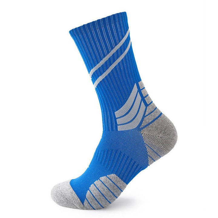 Bright blue sports sock with white accents and grey heel and toe support, on a neutral background.