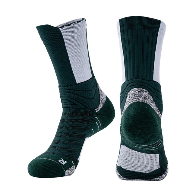 Pair of dark green basketball socks with white and grey accents, padded soles, and ankle support.