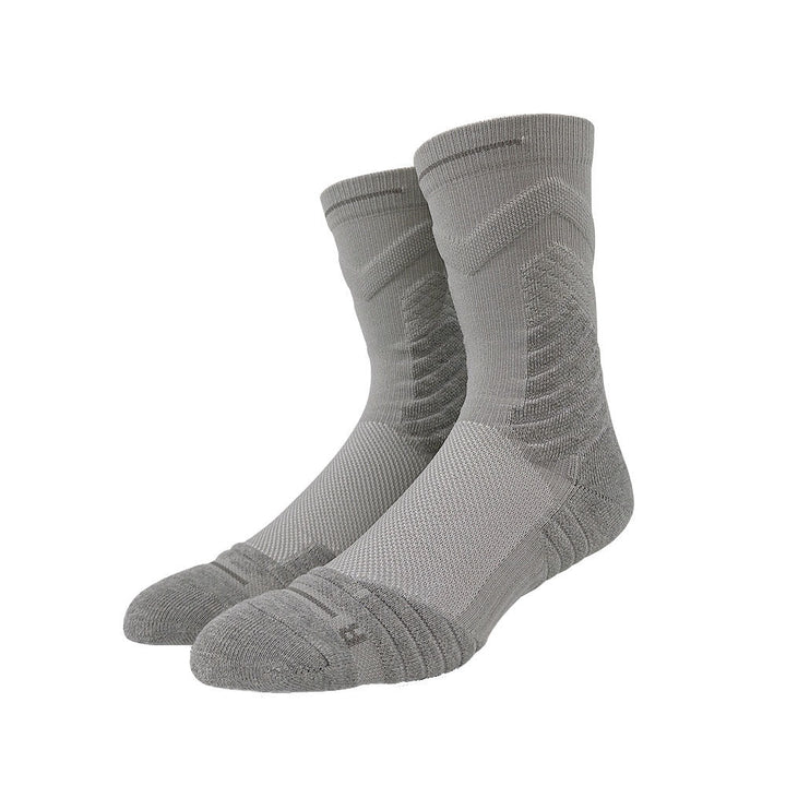 Grey crew socks with dark gray stripes and a cross symbol on the ankle, displayed on a white background.