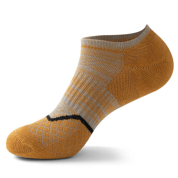 Mustard yellow ankle sock with grey horizontal stripes and a black accent on the arch.