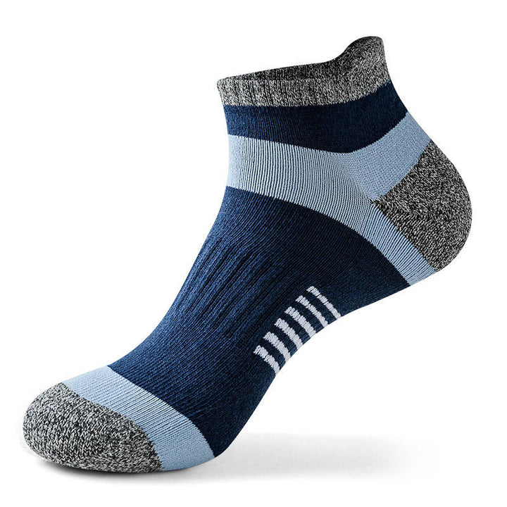 Navy ankle sock with blue horizontal stripes and grey reinforced heel and toe regions.