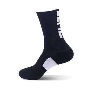 A single navy blue athletic sock with white ankle support design and cushioned sole, isolated on a white background.