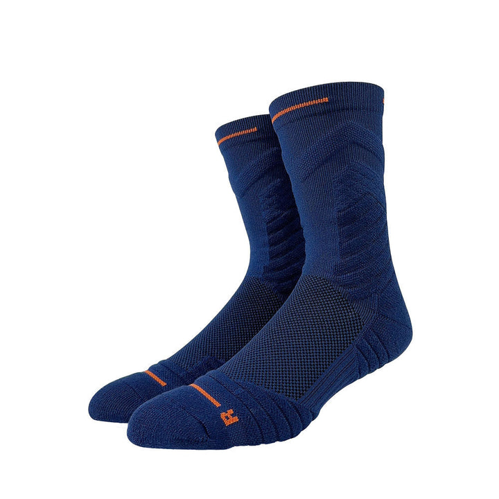 Navy crew socks with orange stripes and a cross symbol on the ankle, displayed on a white background.