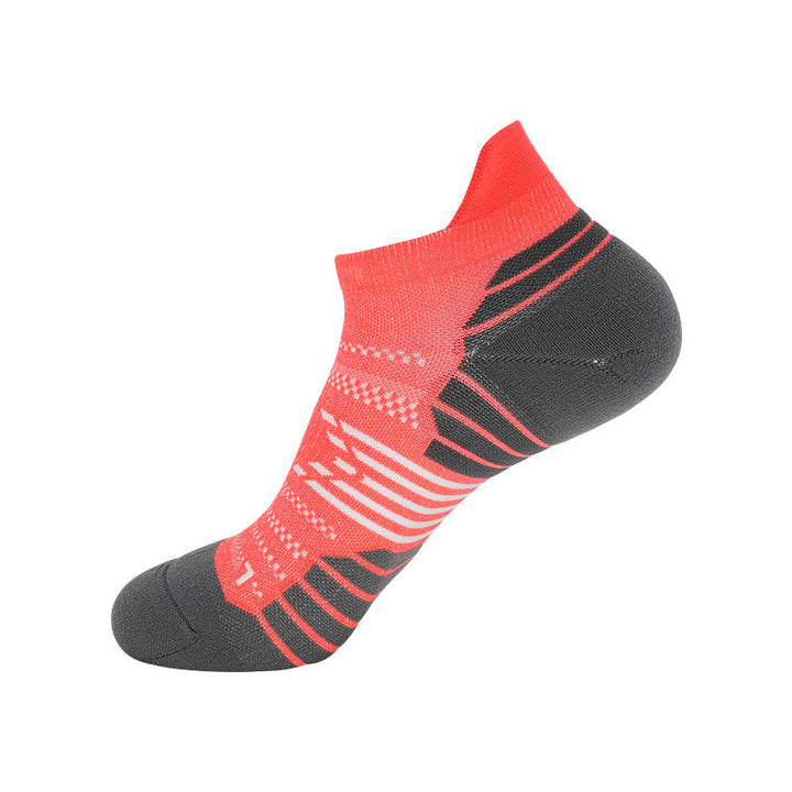 Red ankle sock with grey cushioned areas and black striped details.