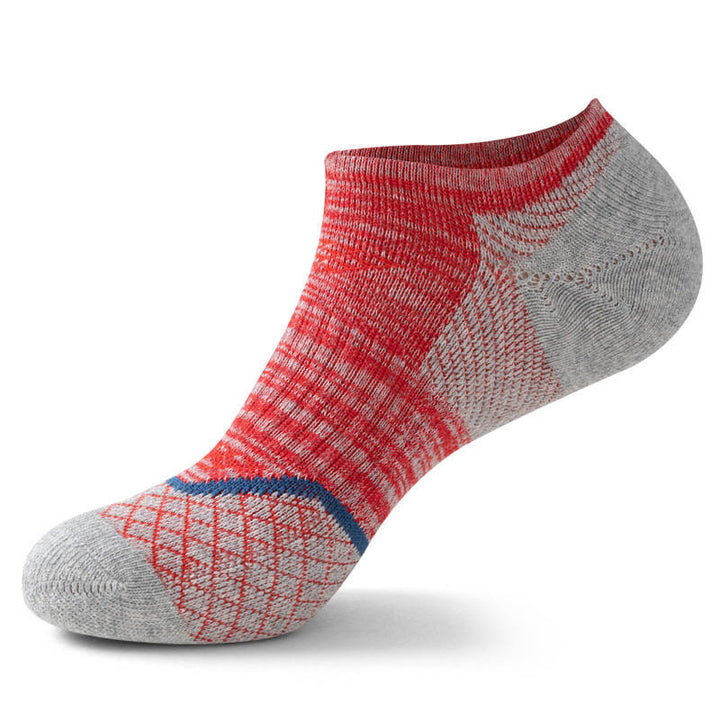 Red and grey patterned ankle sock with a hint of blue on the heel.