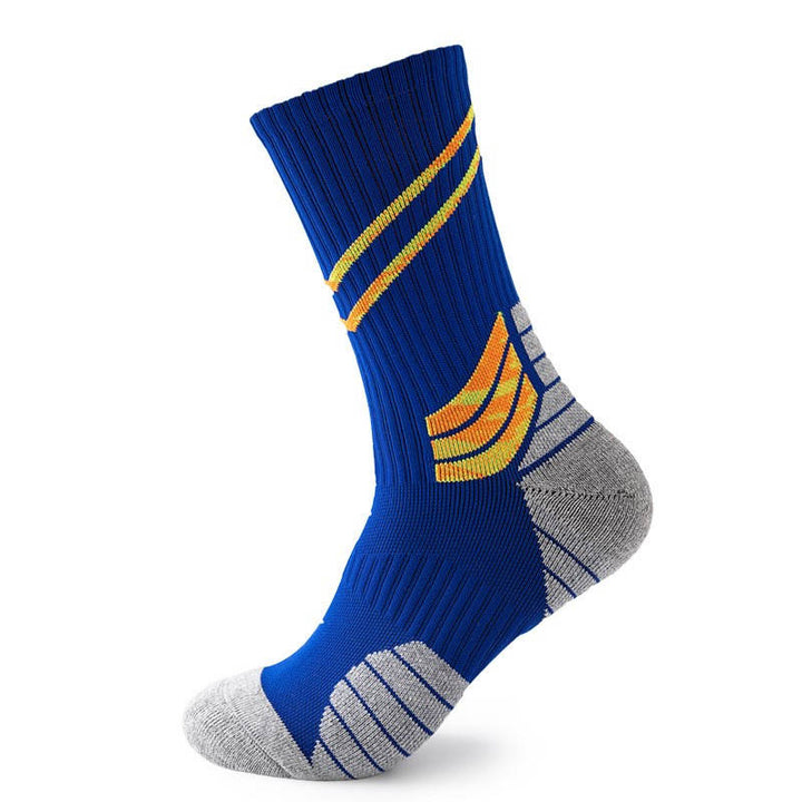 Royal blue sports sock with yellow wing pattern and grey foot padding, showcased on a white surface.