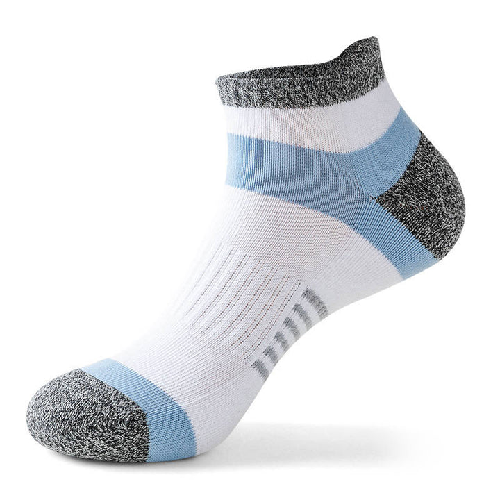 White ankle sock with blue horizontal stripes and grey reinforced heel and toe regions.