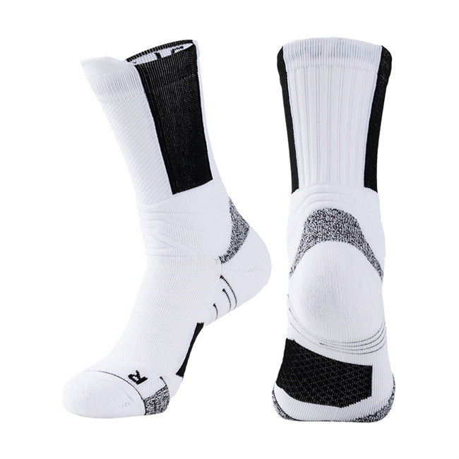 Pair of white and black basketball socks with padded soles and ankle support.