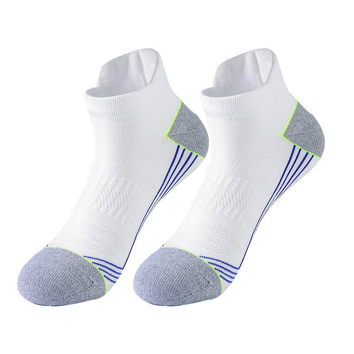 White ankle socks with blue stripes and lime green accents.