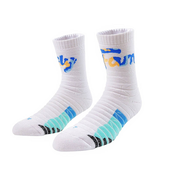 White crew socks with 'fun' text in blue, accompanied by teal and light blue stripes on the toes, against a white background.