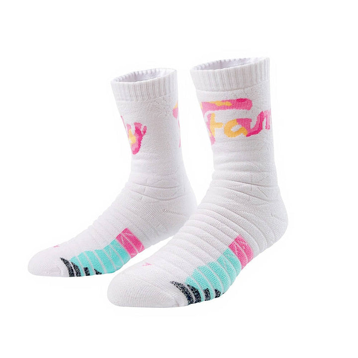 White crew socks with 'fun' text in pink, teal and pink stripes on the foot, isolated on a white background.