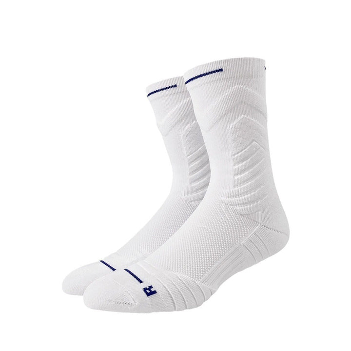 White crew socks with navy stripes and a cross symbol on the ankle, displayed on a white background.