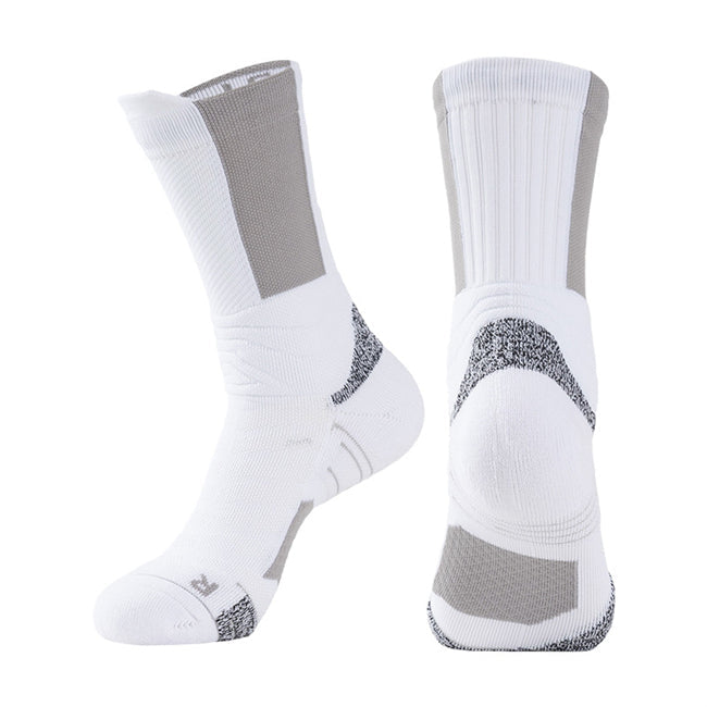 Pair of white basketball socks with grey accents, reinforced padding, and elastic arch support.