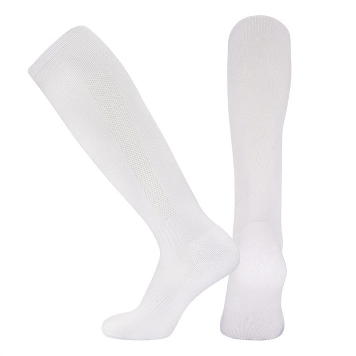 A pair of white knee-high compression socks displayed against a white background.