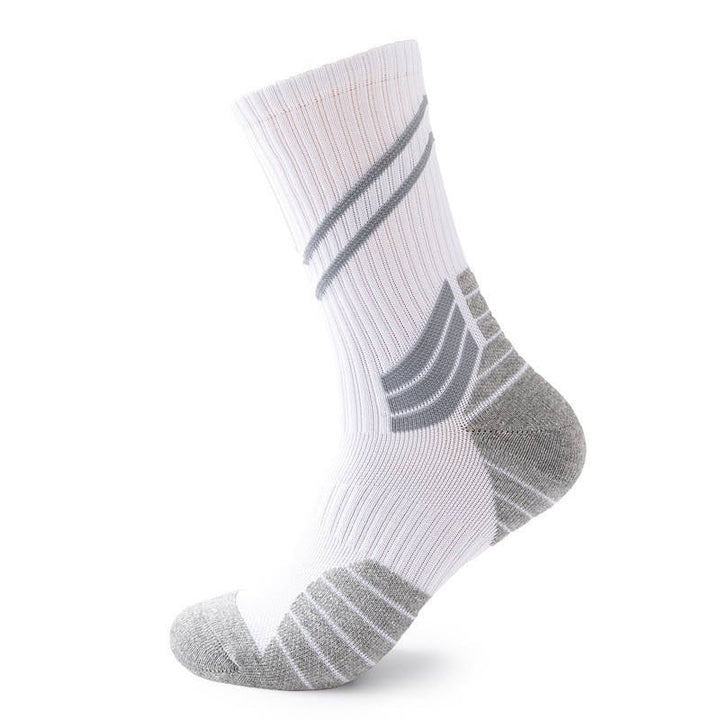 White sports sock with grey cushioned areas and dynamic black stripe design, isolated on a white background.