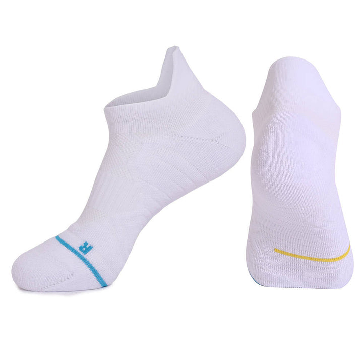 Two white sports socks with light blue and yellow accents, one viewed from the side and the other from the bottom.